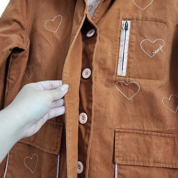 Numph Womens Jacket Medium 38 Brown Heart Print Pockets Button-Up - Picture 3 of 9